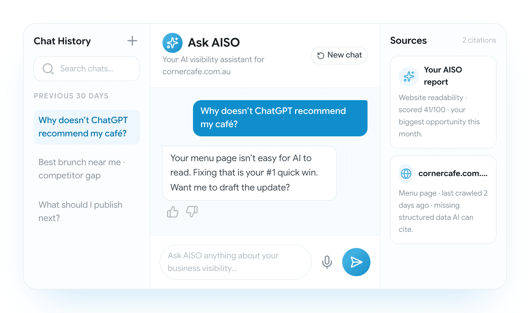 Ask AISO mockup: report-aware chat about a visibility gap