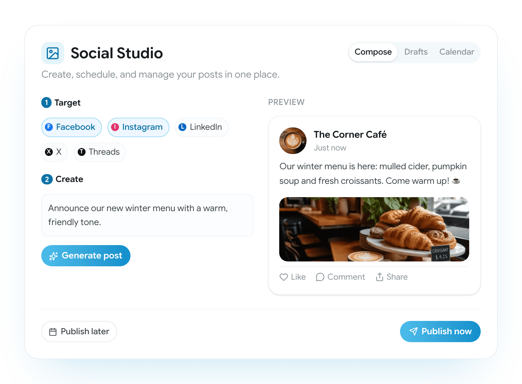Social Studio mockup: compose and preview a multi-channel post